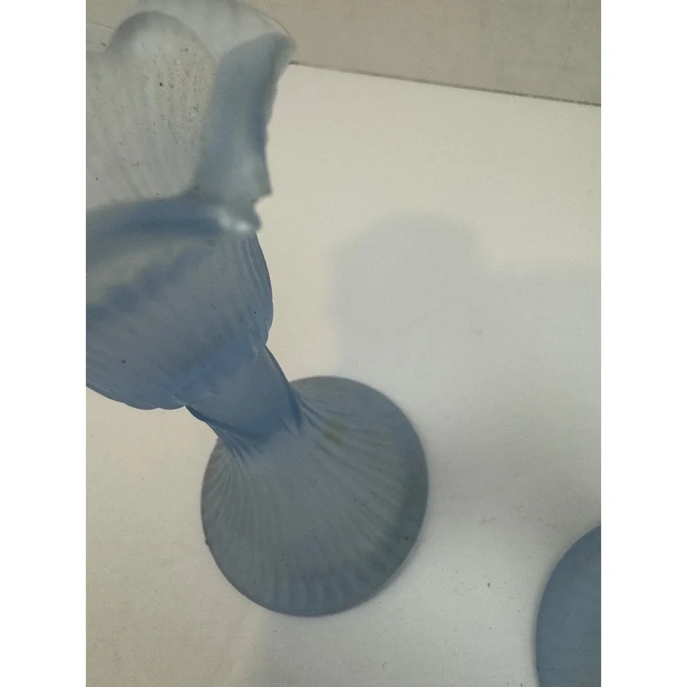 Vintage Frosted Blue Glass Tulip Candlestick Holders Ribbed Pair Set of 2 FLAW